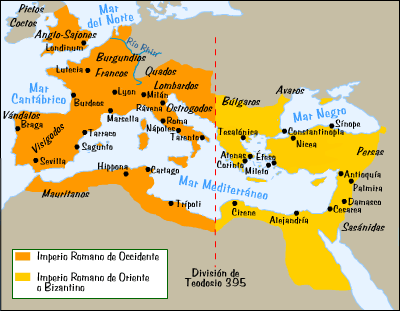 Mapa de la fragmentación y caída del Imperio Romano.